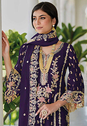 Embroidered Organza Scalloped Pakistani Suit in Purple