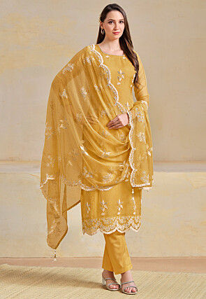 Embroidered Organza Scalloped Pakistani Suit in Yellow
