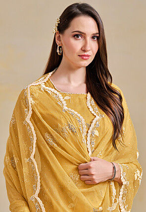 Embroidered Organza Scalloped Pakistani Suit in Yellow