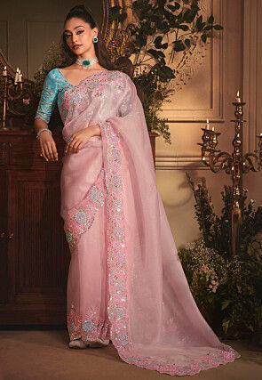 Embroidered Organza Scalloped Saree in Baby Pink