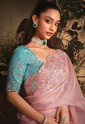 Embroidered Organza Scalloped Saree in Baby Pink
