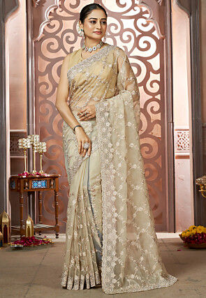 Embroidered Organza Scalloped Saree in Beige