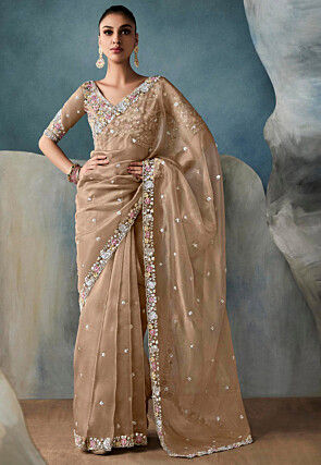 Embroidered Organza Scalloped Saree in Beige