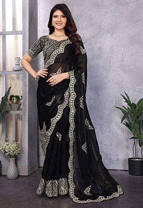 Embroidered Organza Scalloped Saree in Black