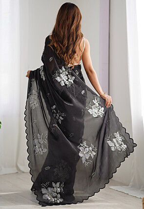 Embroidered Organza Scalloped Saree in Black