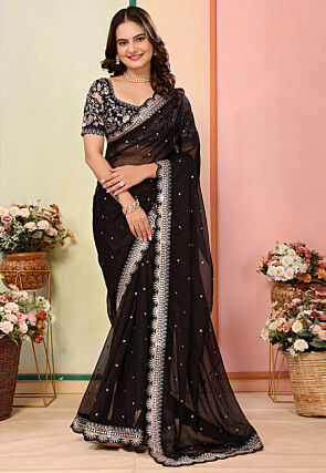 Embroidered Organza Scalloped Saree in Black
