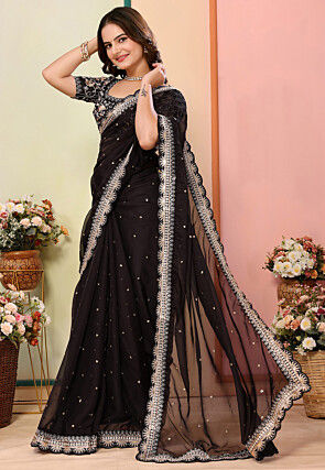 Embroidered Organza Scalloped Saree in Black