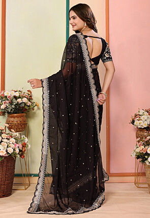 Embroidered Organza Scalloped Saree in Black