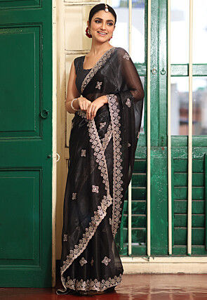 Embroidered Organza Scalloped Saree in Black