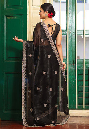 Embroidered Organza Scalloped Saree in Black