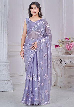 Embroidered Organza Scalloped Saree in Blue