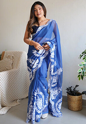 Embroidered Organza Scalloped Saree in Blue