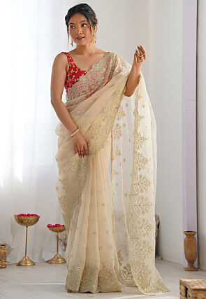Embroidered Organza Scalloped Saree in Cream