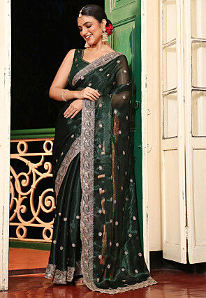Embroidered Organza Scalloped Saree in Dark Green