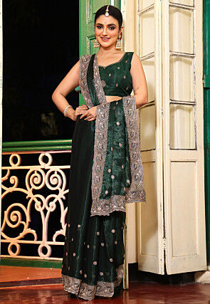 Embroidered Organza Scalloped Saree in Dark Green