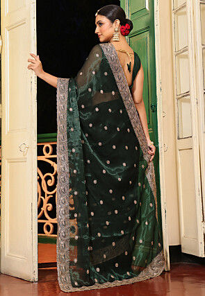 Embroidered Organza Scalloped Saree in Dark Green