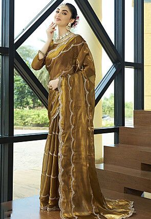 Embroidered Organza Scalloped Saree in Dark Olive Green