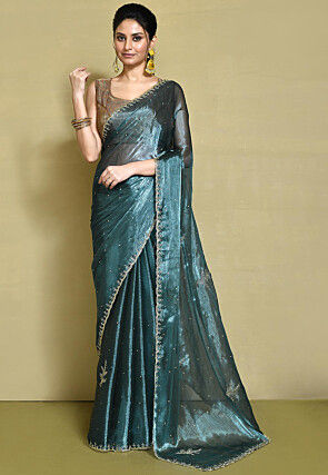 Embroidered Organza Scalloped Saree in Dusty Blue
