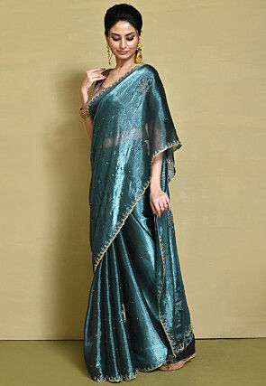 Embroidered Organza Scalloped Saree in Dusty Blue