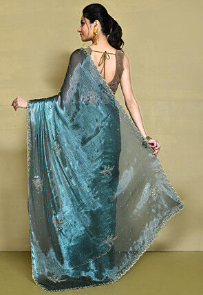 Embroidered Organza Scalloped Saree in Dusty Blue