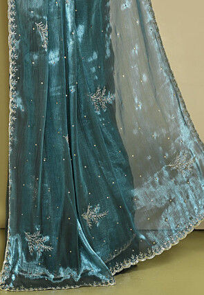 Embroidered Organza Scalloped Saree in Dusty Blue