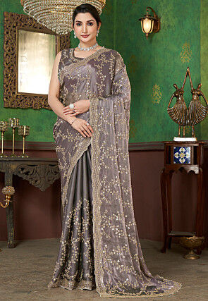 Embroidered Organza Scalloped Saree in Dusty Purple