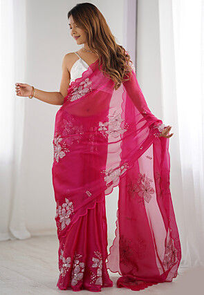 Embroidered Organza Scalloped Saree in Fuchsia