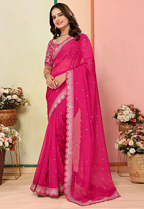 Embroidered Organza Scalloped Saree in Fuchsia