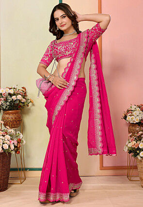 Embroidered Organza Scalloped Saree in Fuchsia
