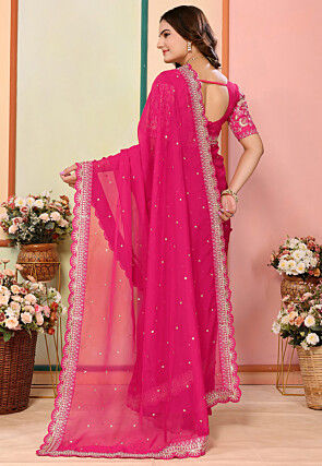 Embroidered Organza Scalloped Saree in Fuchsia