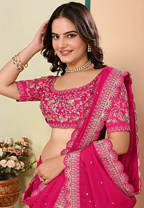 Embroidered Organza Scalloped Saree in Fuchsia