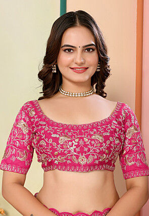 Embroidered Organza Scalloped Saree in Fuchsia