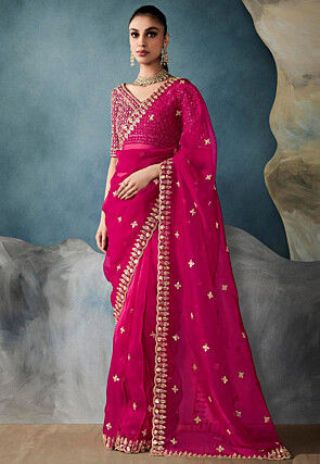 Embroidered Organza Scalloped Saree in Fuchsia