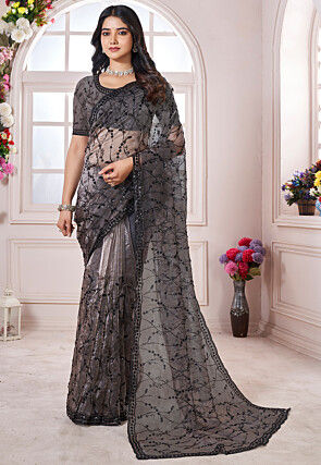 Embroidered Organza Scalloped Saree in Grey