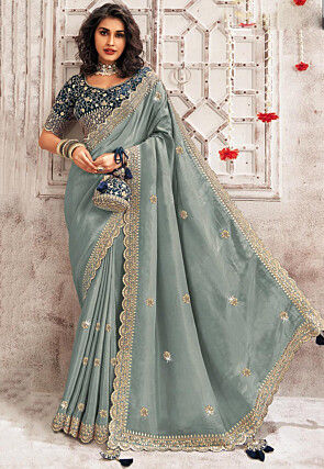 Embroidered Organza Scalloped Saree in Grey