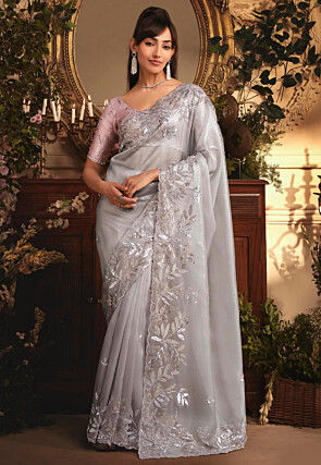 Embroidered Organza Scalloped Saree in Grey