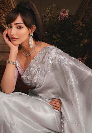 Embroidered Organza Scalloped Saree in Grey