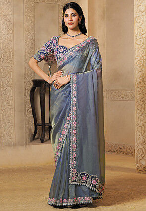 Embroidered Organza Scalloped Saree in Light Blue