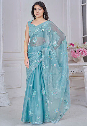 Embroidered Organza Scalloped Saree in Light Blue