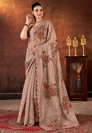Digital Printed Organza Scalloped Saree in Light Brown