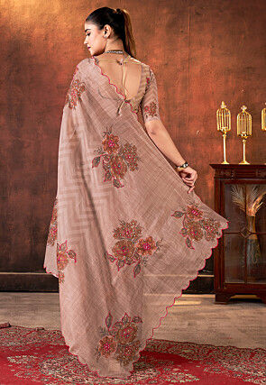 Digital Printed Organza Scalloped Saree in Light Brown