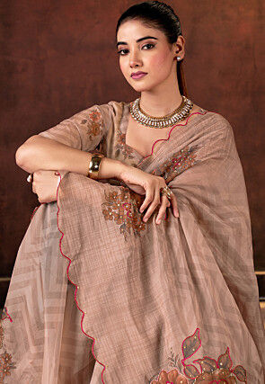 Digital Printed Organza Scalloped Saree in Light Brown