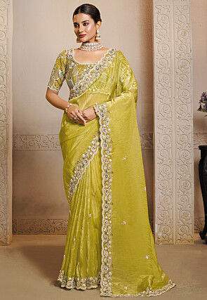 Embroidered Organza Scalloped Saree in Light Green