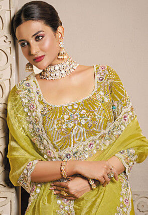 Embroidered Organza Scalloped Saree in Light Green