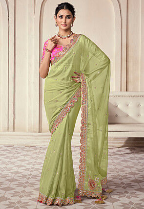 Embroidered Organza Scalloped Saree in Light Green