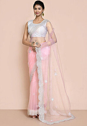 Embroidered Organza Scalloped Saree in Light Pink