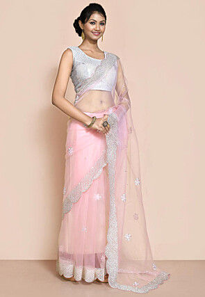 Embroidered Organza Scalloped Saree in Light Pink
