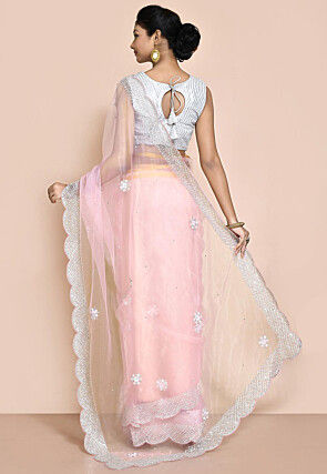 Embroidered Organza Scalloped Saree in Light Pink
