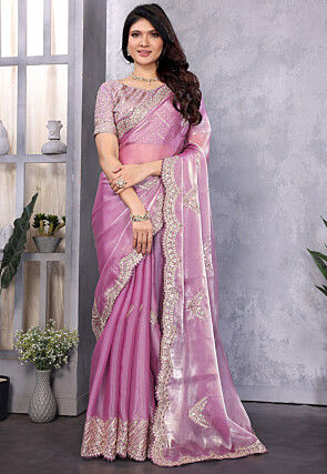 Embroidered Organza Scalloped Saree in Light Purple