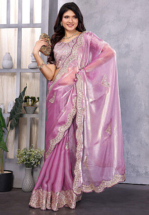 Embroidered Organza Scalloped Saree in Light Purple